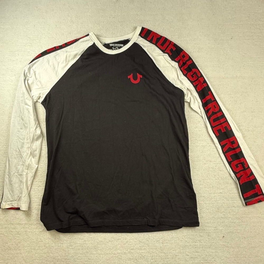 True Religion Mens Large Black White Red Raglan Long Sleeve Logo Graphic T-Shirt